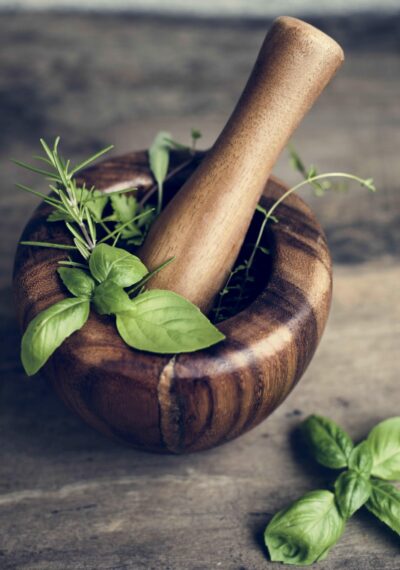 Mortar and Pestle with Herbs